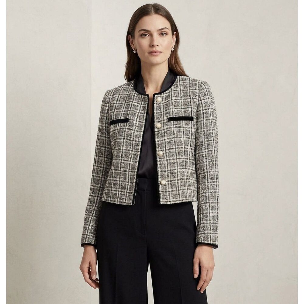 Allegra K Sz XL Women’s Plaid Tweed Pearl-Button Cropped Jacket Blazer, Office
